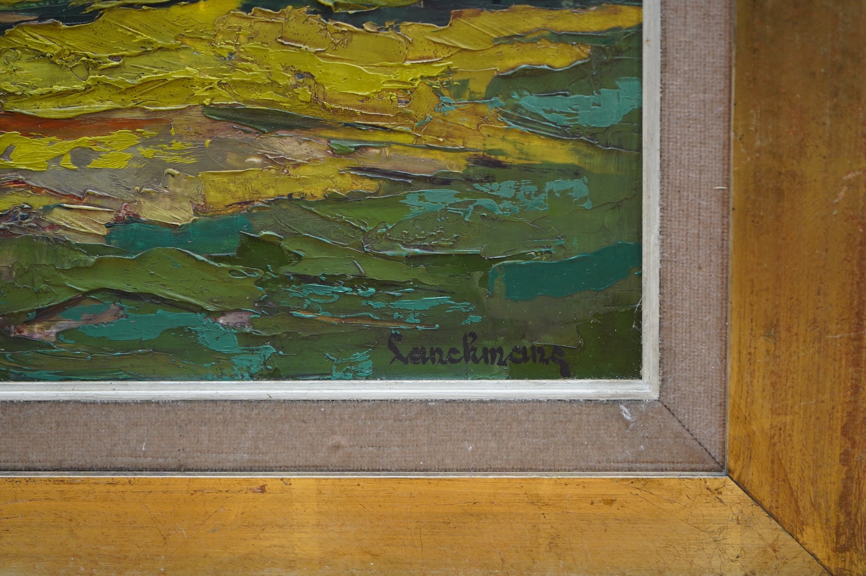 Contemporary, Blossom tree before church, indistinctly signed, impasto oil on board, 62 x 82cm